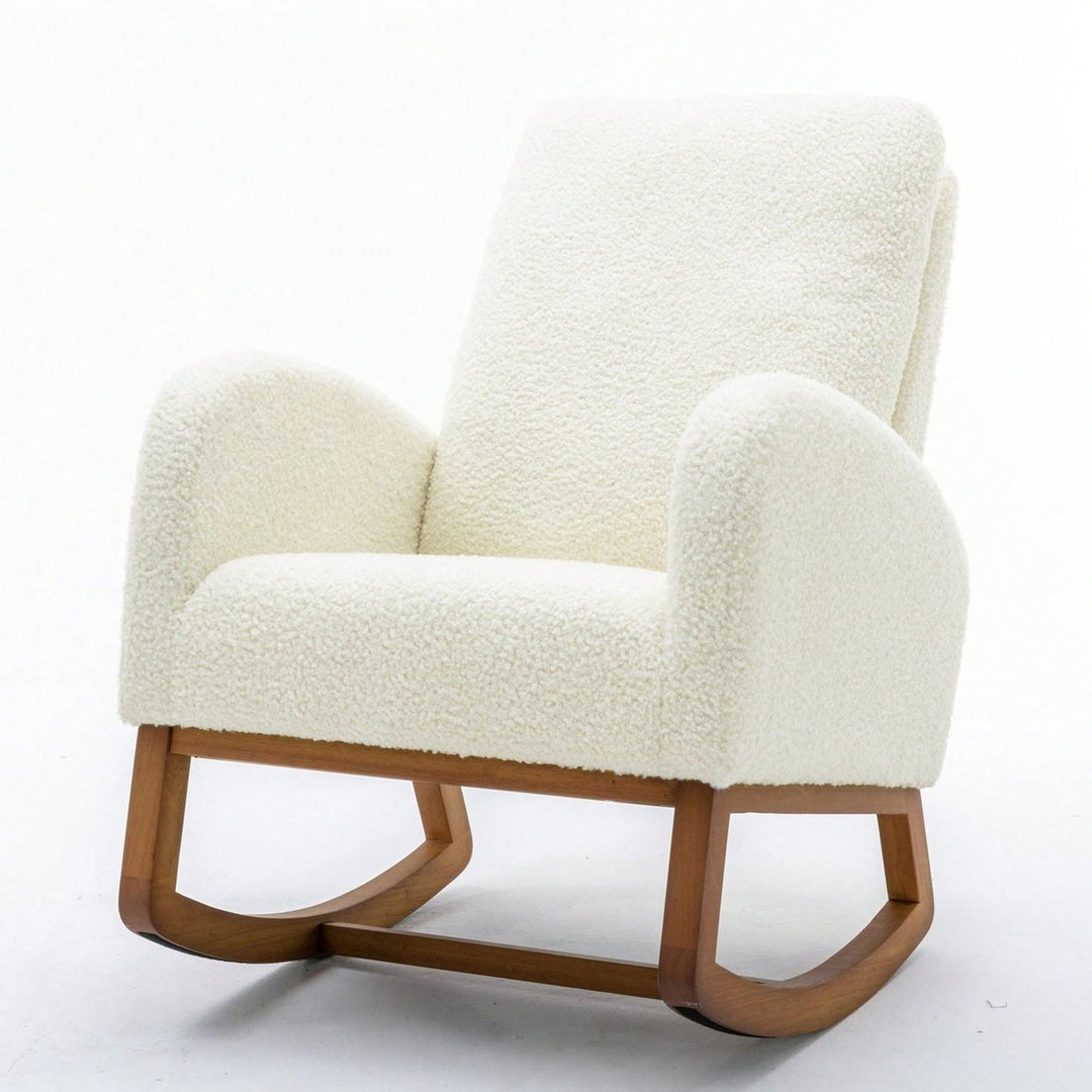 Mid-Century Modern Solid Wood Rocking Chair with Upholstered Cushion Cozy Armrests and High Backrest for Living Room Image 1