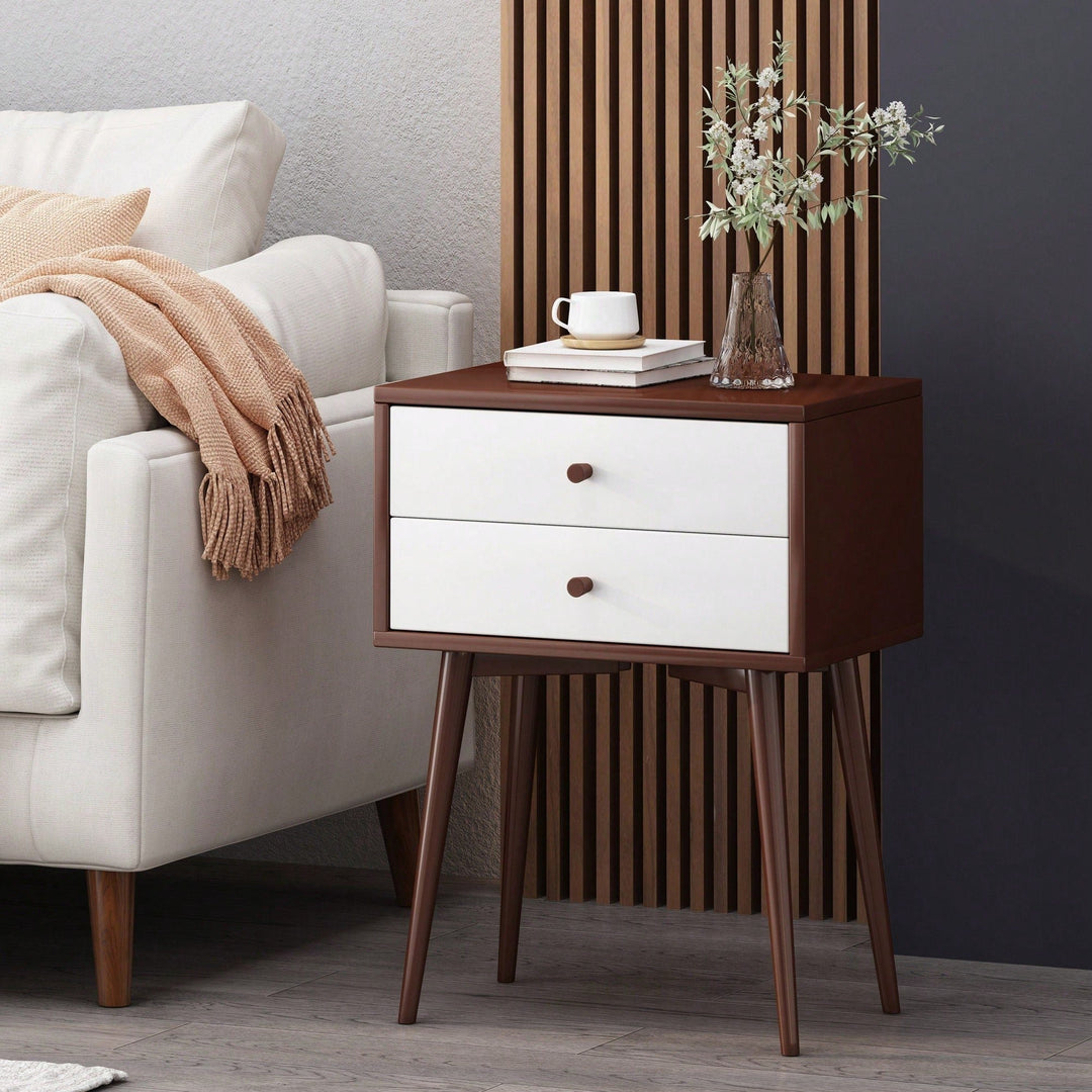 Mid-Century Modern Side Table With Rubberwood Legs And Two Drawers In Brown And White Finish Image 4