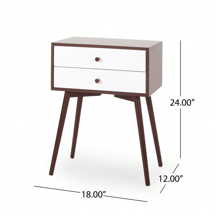 Mid-Century Modern Side Table With Rubberwood Legs And Two Drawers In Brown And White Finish Image 5