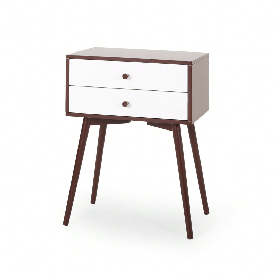 Mid-Century Modern Side Table With Rubberwood Legs And Two Drawers In Brown And White Finish Image 6