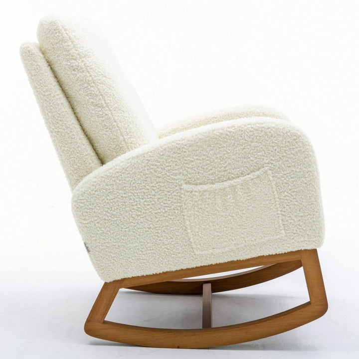 Mid-Century Modern Solid Wood Rocking Chair with Upholstered Cushion Cozy Armrests and High Backrest for Living Room Image 4