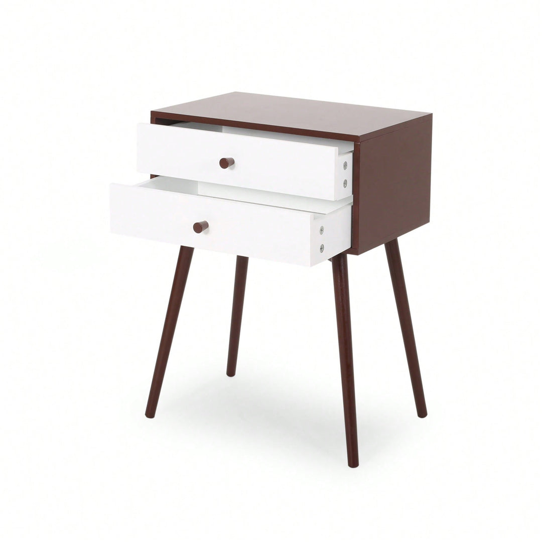 Mid-Century Modern Side Table With Rubberwood Legs And Two Drawers In Brown And White Finish Image 7