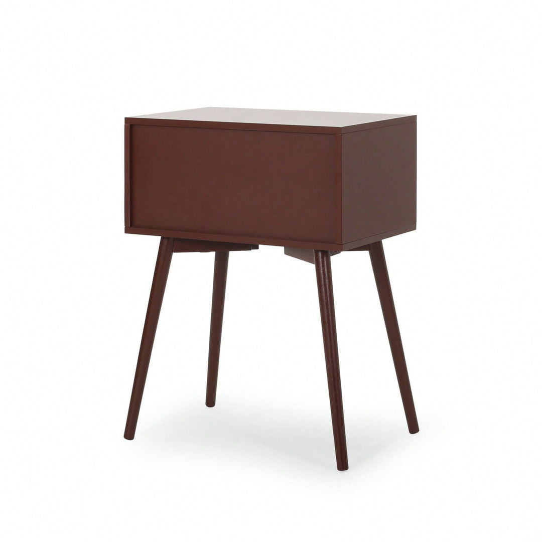 Mid-Century Modern Side Table With Rubberwood Legs And Two Drawers In Brown And White Finish Image 8