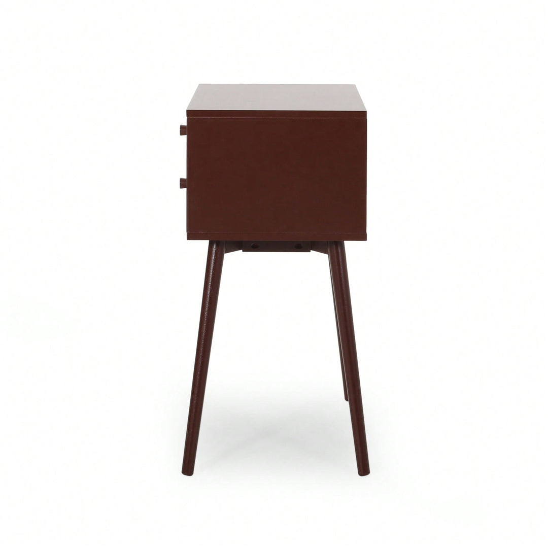 Mid-Century Modern Side Table With Rubberwood Legs And Two Drawers In Brown And White Finish Image 9