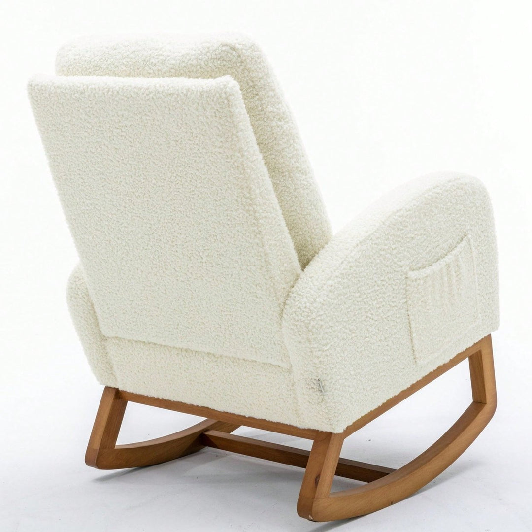 Mid-Century Modern Solid Wood Rocking Chair with Upholstered Cushion Cozy Armrests and High Backrest for Living Room Image 6