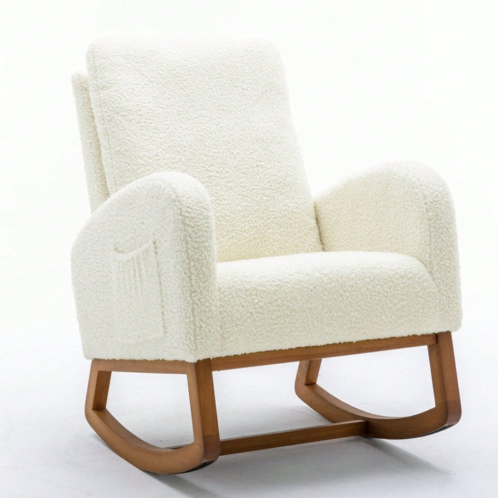 Mid-Century Modern Solid Wood Rocking Chair with Upholstered Cushion Cozy Armrests and High Backrest for Living Room Image 7