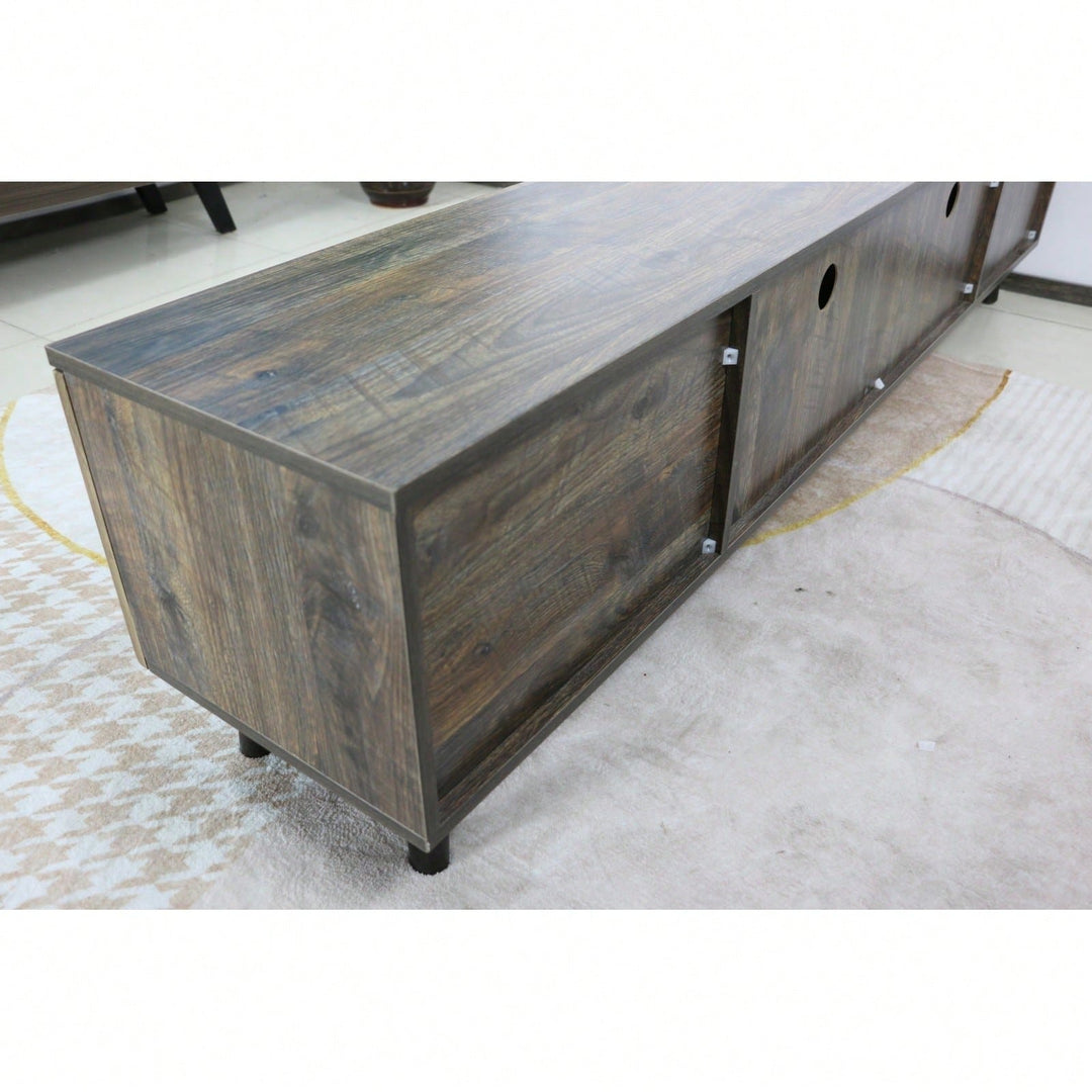 Mid-Century Modern TV Stand for 65 Inch TVs with Storage and Cable Management Solid Wood Legs Brown Finish Image 2