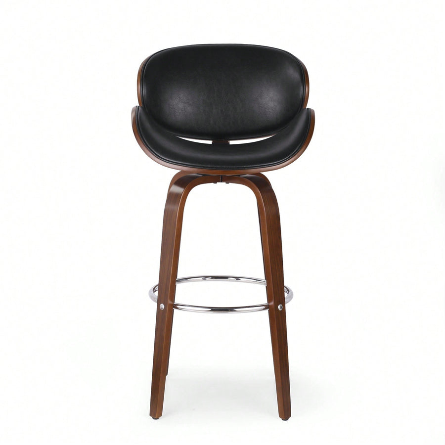 Mid-Century Modern Upholstered Swivel Barstool In Midnight Black And Walnut Finish Image 1