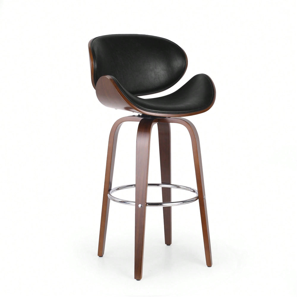 Mid-Century Modern Upholstered Swivel Barstool In Midnight Black And Walnut Finish Image 2