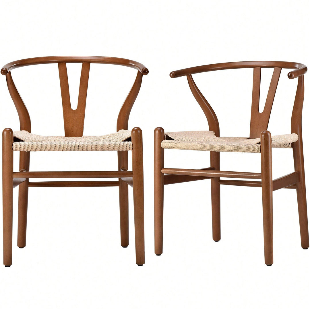 Mid-Century Solid Wood Weave Dining Armchair Set of 2 Ergonomic Wishbone Chairs Fully Assembled for Dining Room Image 1