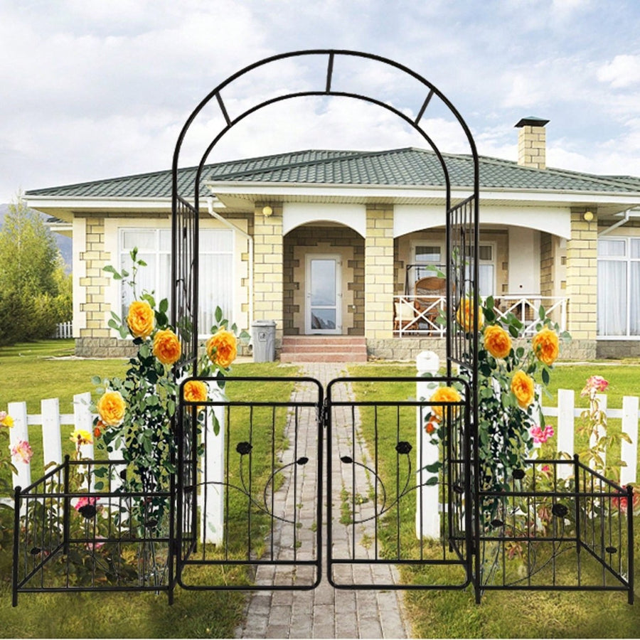 Metal Garden Arch With Gate 79.5 Wide X 86.6 High Climbing Plants Support Rose Arch Outdoor Image 1