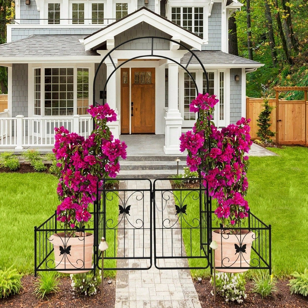 Metal Garden Arch With Gate 79.5 Wide X 86.6 High Climbing Plants Support Rose Arch Outdoor Black Image 1