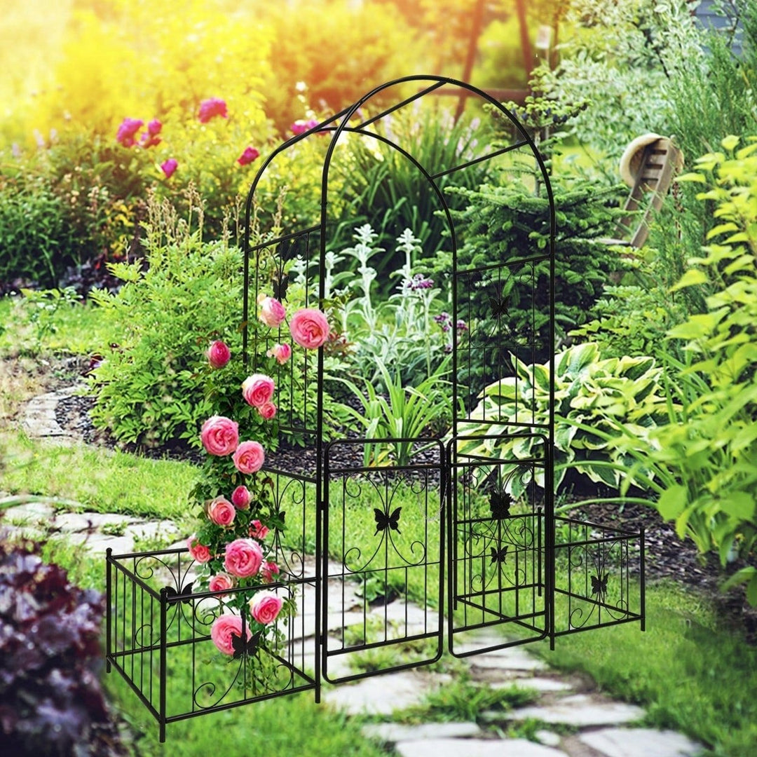 Metal Garden Arch With Gate 79.5 Wide X 86.6 High Climbing Plants Support Rose Arch Outdoor Black Image 2