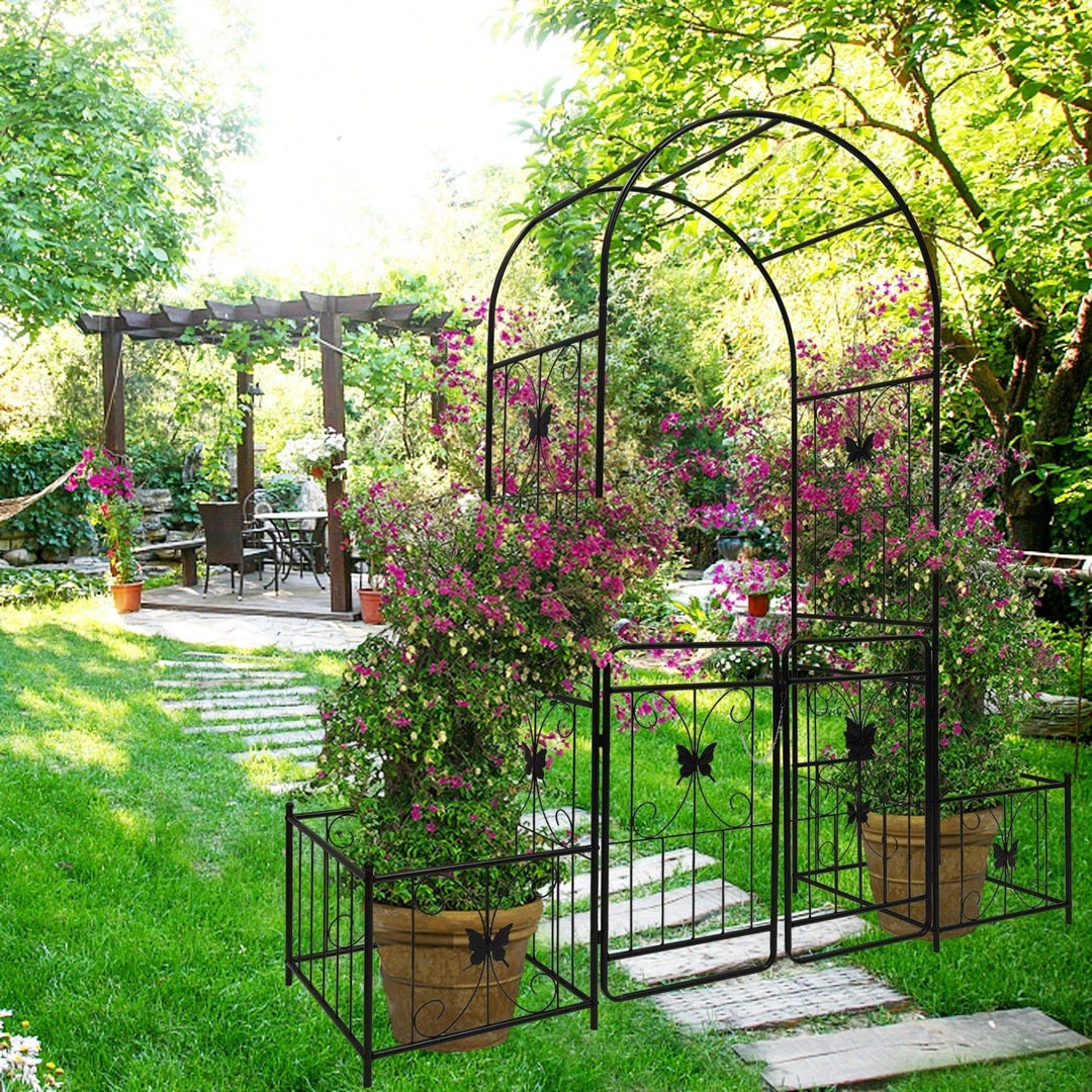 Metal Garden Arch With Gate 79.5 Wide X 86.6 High Climbing Plants Support Rose Arch Outdoor Black Image 3