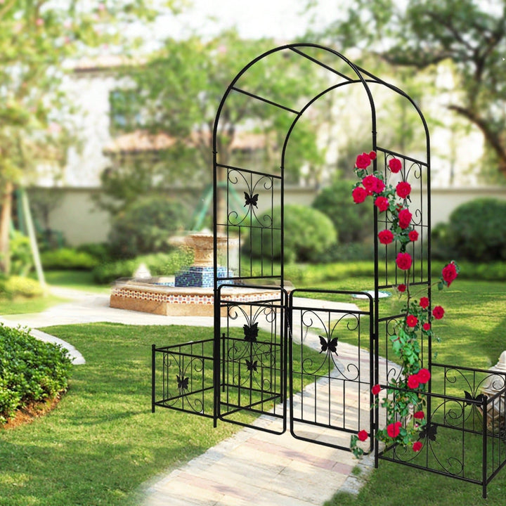 Metal Garden Arch With Gate 79.5 Wide X 86.6 High Climbing Plants Support Rose Arch Outdoor Black Image 4