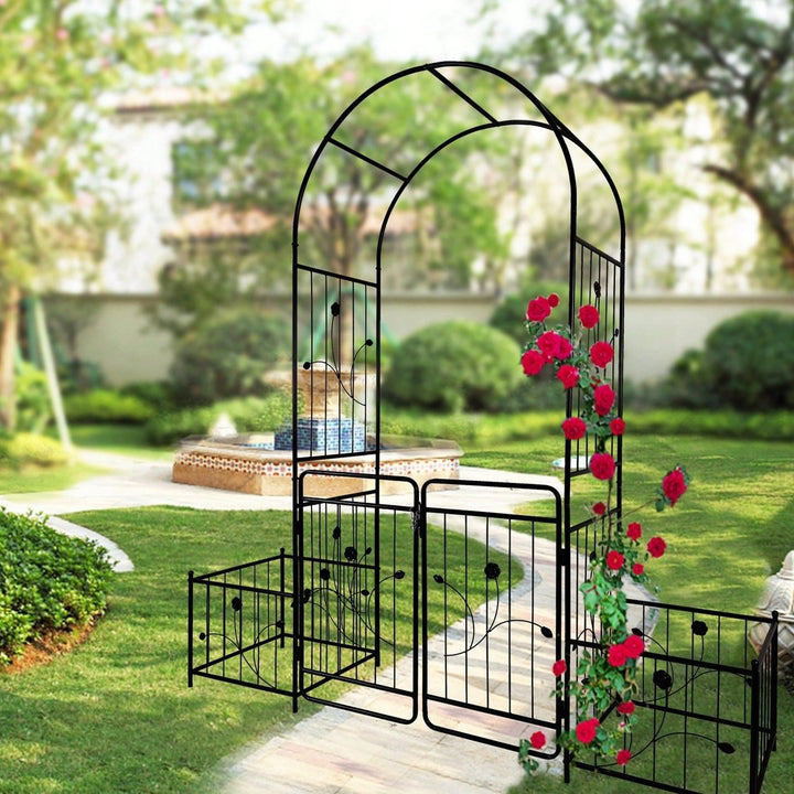 Metal Garden Arch With Gate 79.5 Wide X 86.6 High Climbing Plants Support Rose Arch Outdoor Image 5