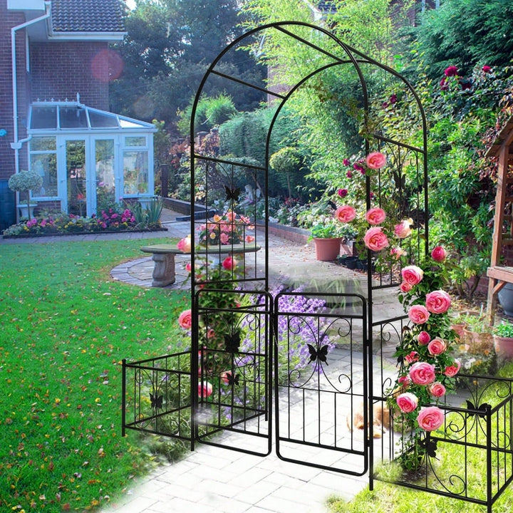 Metal Garden Arch With Gate 79.5 Wide X 86.6 High Climbing Plants Support Rose Arch Outdoor Black Image 6