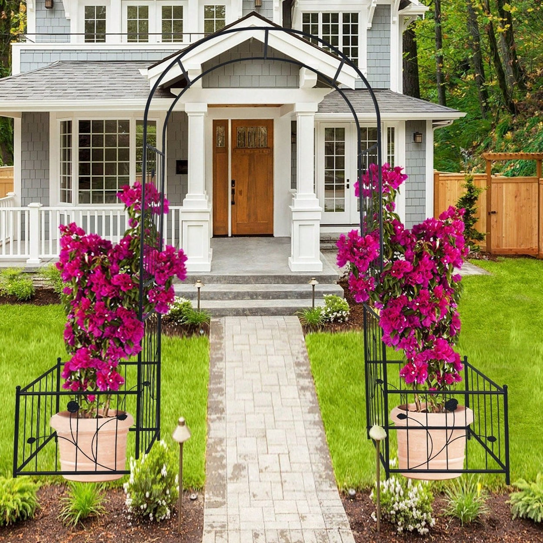 Metal Garden Arch With Two Plant Stands 79.5 Wide X 86.6 High Climbing Plants Support Rose Arch Outdoor Image 1