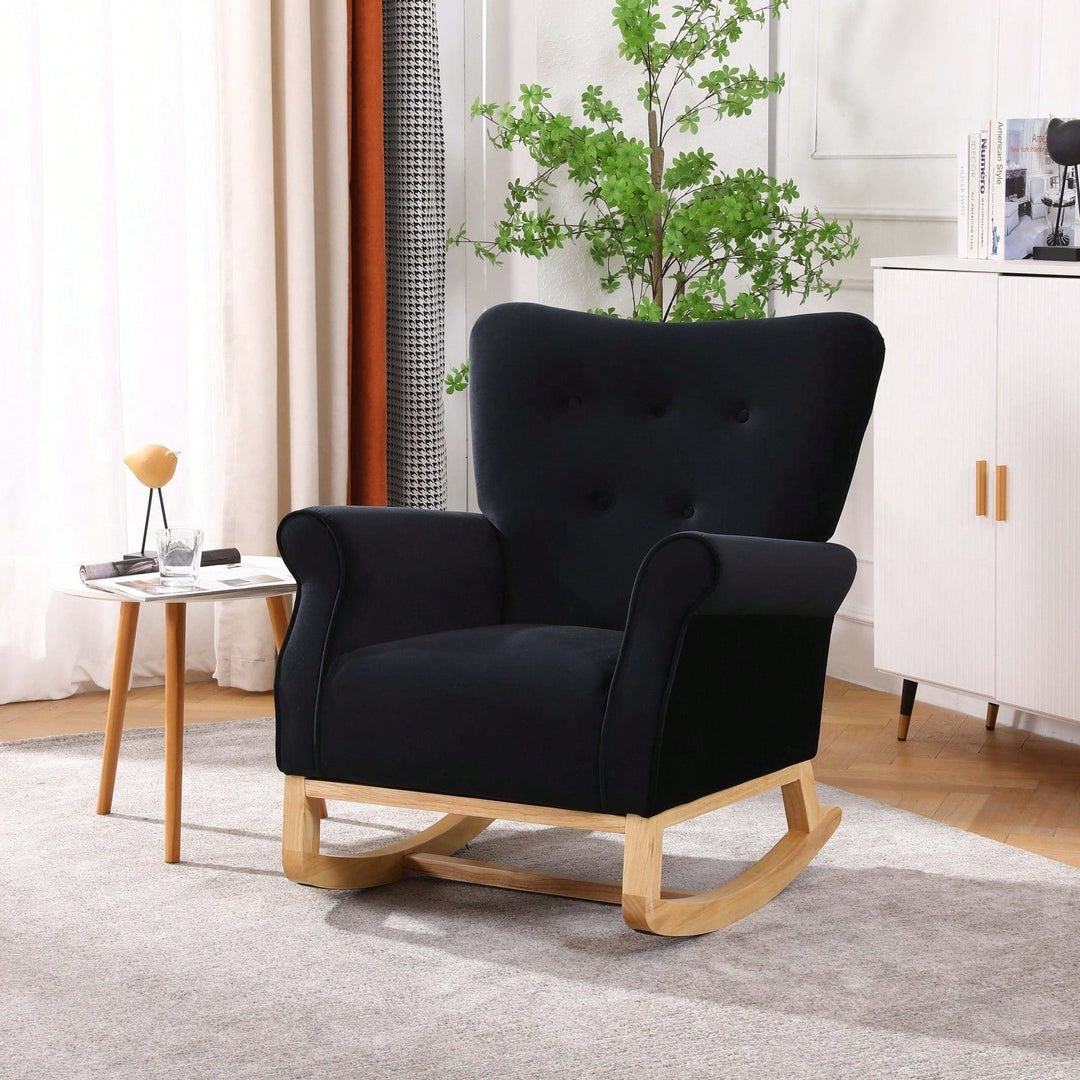 Mid Century Fabric Rocker Chair With Wood Legs And Velvet For Livingroom Bedroom Image 2