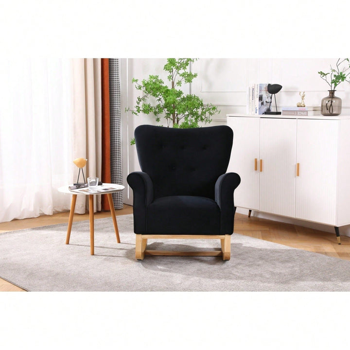 Mid Century Fabric Rocker Chair With Wood Legs And Velvet For Livingroom Bedroom Image 3