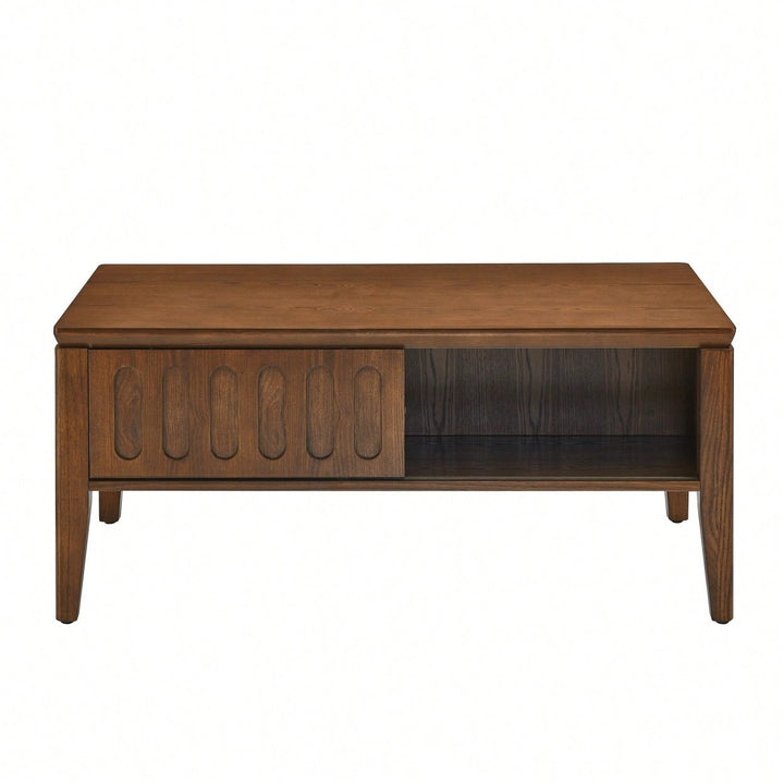 Mid Century Modern Fluted Coffee Table with Sliding Storage and Solid Wood Legs for Living Room or Office Image 1