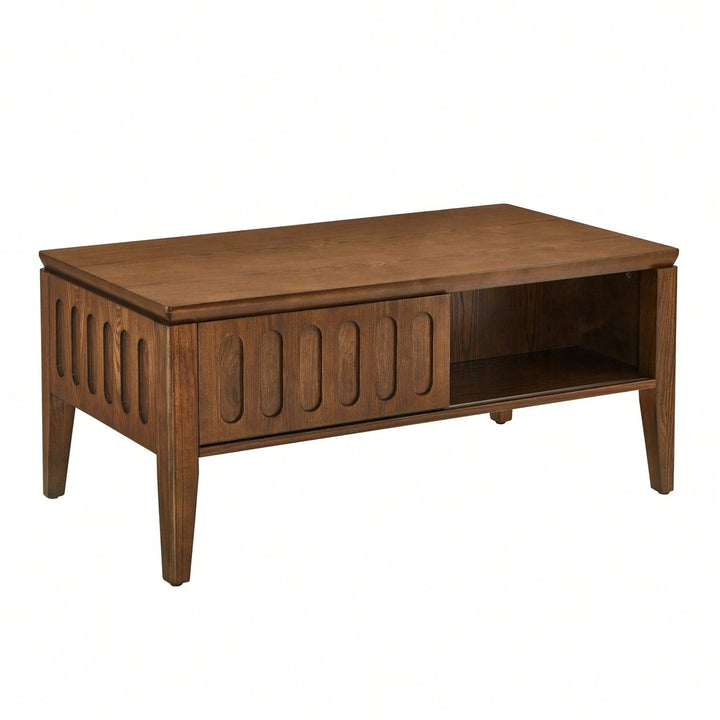 Mid Century Modern Fluted Coffee Table with Sliding Storage and Solid Wood Legs for Living Room or Office Image 2