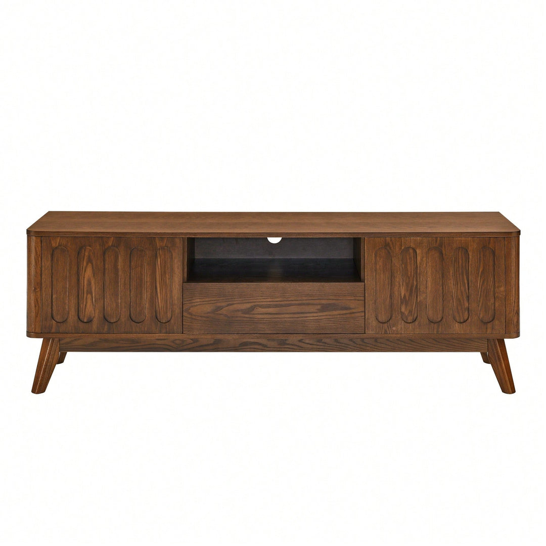 Mid Century Modern Fluted TV Stand for 65 Inch TV with Storage Farmhouse Wood Media Console with 2 Doors and 1 Drawer Image 1