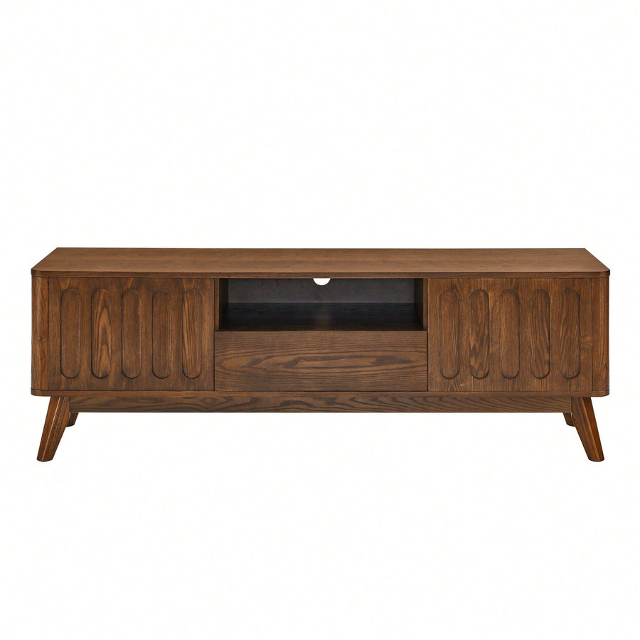 Mid Century Modern Fluted TV Stand for 65 Inch TV with Storage Farmhouse Wood Media Console with 2 Doors and 1 Drawer Image 1