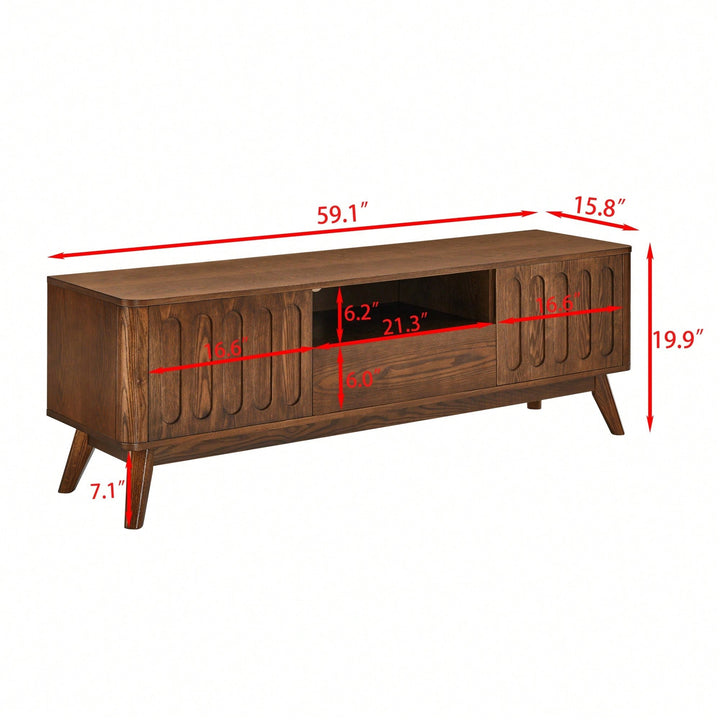 Mid Century Modern Fluted TV Stand for 65 Inch TV with Storage Farmhouse Wood Media Console with 2 Doors and 1 Drawer Image 3