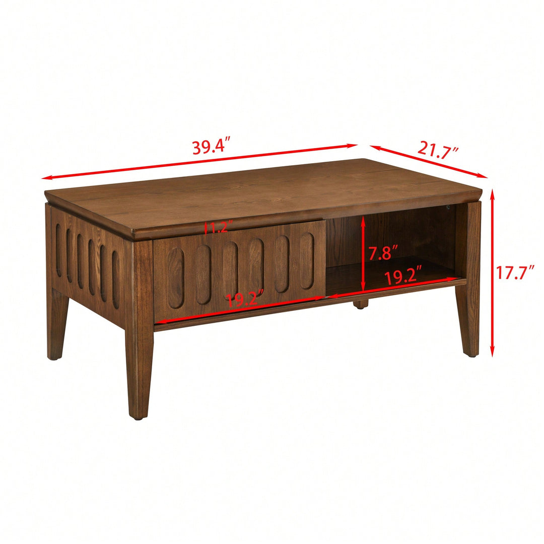 Mid Century Modern Fluted Coffee Table with Sliding Storage and Solid Wood Legs for Living Room or Office Image 5