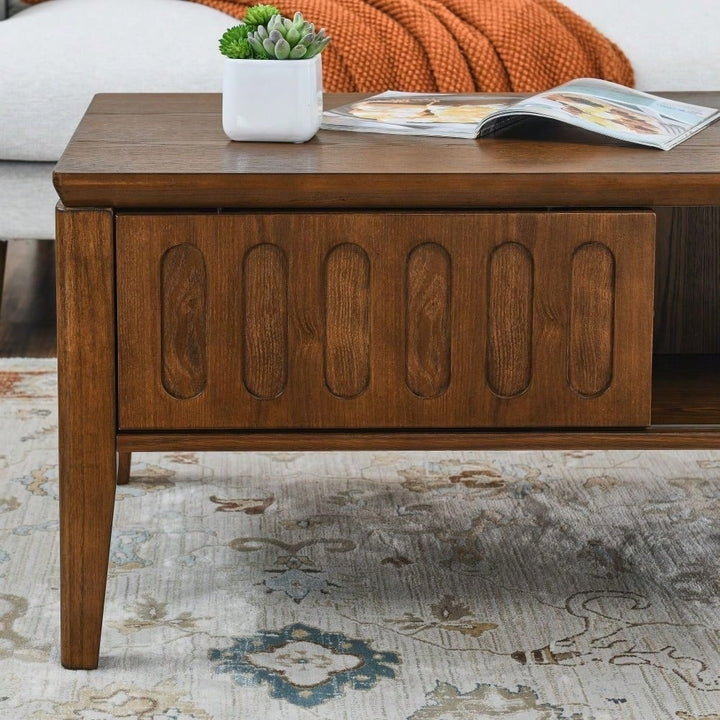 Mid Century Modern Fluted Coffee Table with Sliding Storage and Solid Wood Legs for Living Room or Office Image 8