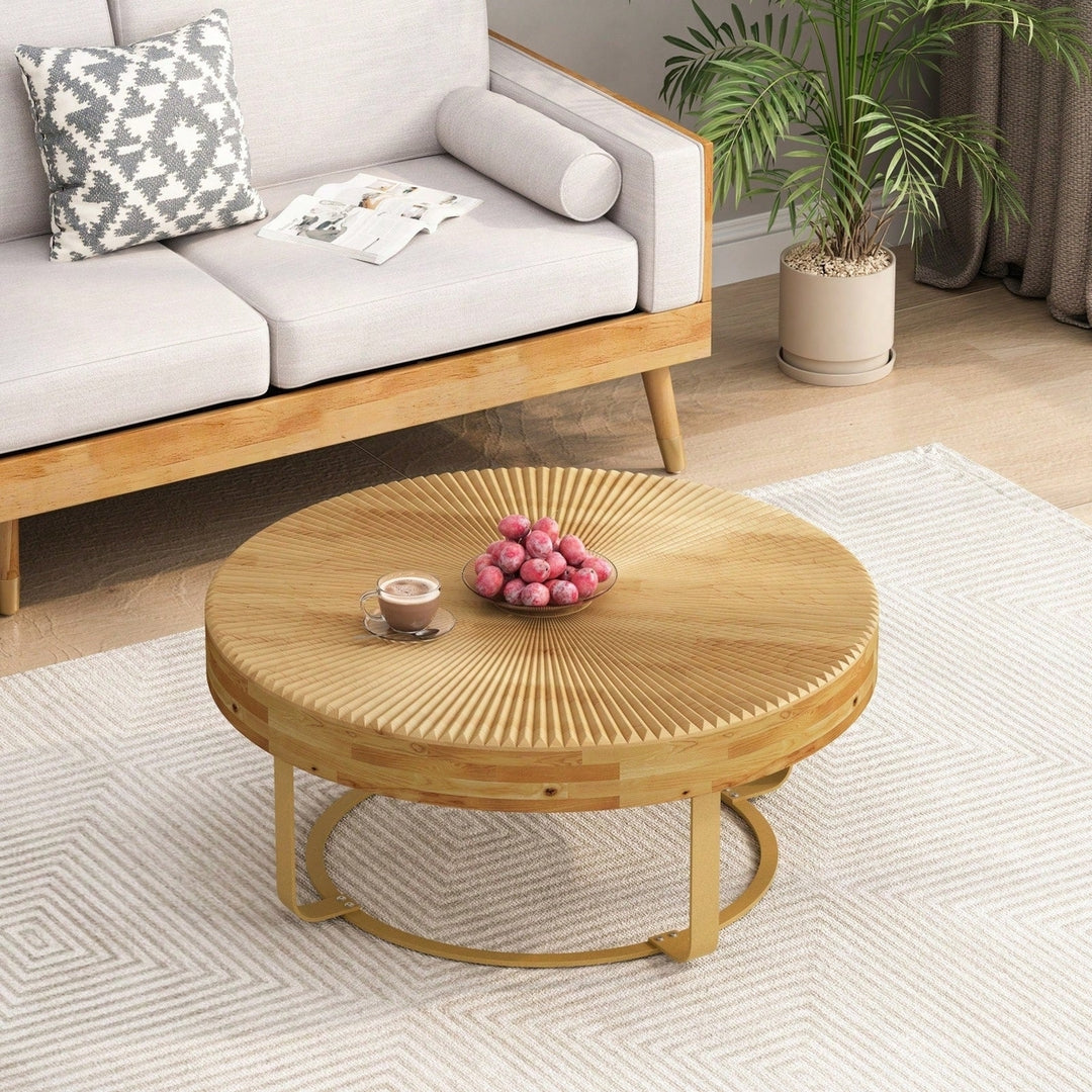 Modern Farmhouse Round Coffee Table with Carved Wood Top and Metal Legs for Living Room Office Easy Assembly 220lb Image 3