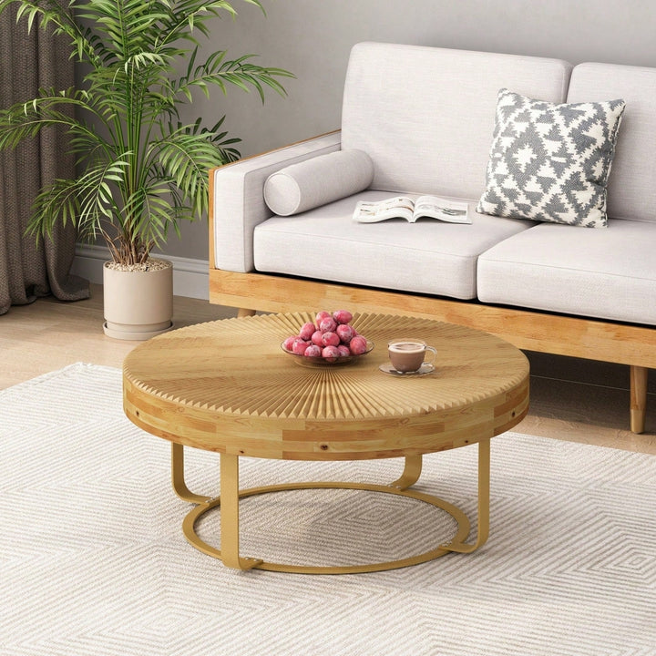 Modern Farmhouse Round Coffee Table with Carved Wood Top and Metal Legs for Living Room Office Easy Assembly 220lb Image 4