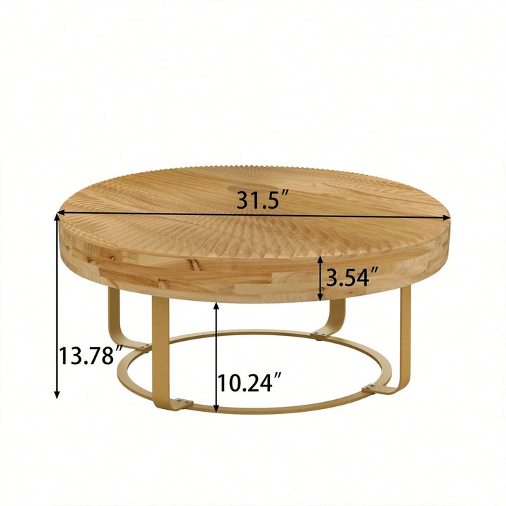 Modern Farmhouse Round Coffee Table with Carved Wood Top and Metal Legs for Living Room Office Easy Assembly 220lb Image 5