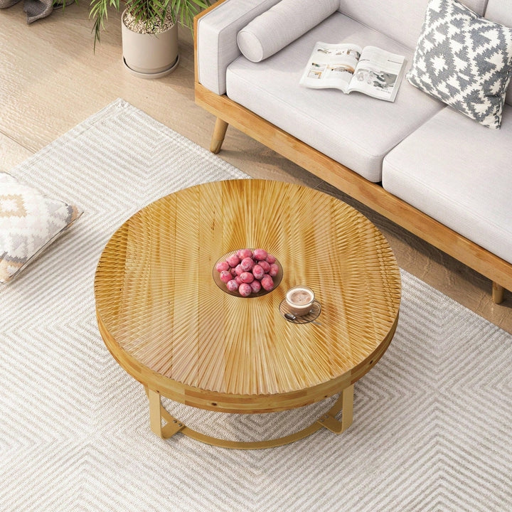 Modern Farmhouse Round Coffee Table with Carved Wood Top and Metal Legs for Living Room Office Easy Assembly 220lb Image 6