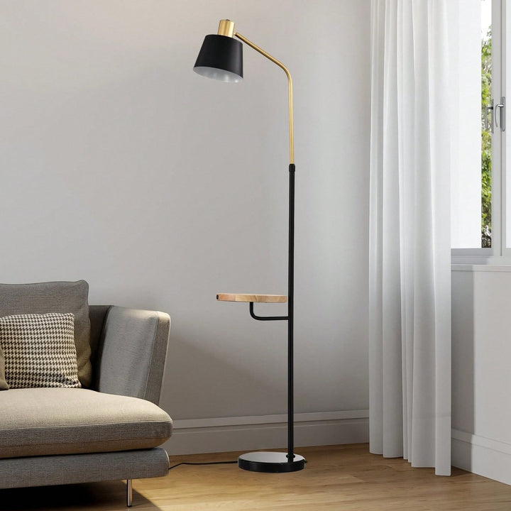 Modern Floor Lamp With Wood Bedside Nightstand End Table And Built-In USB Charging Port For Living Room Sofas Bedroom Image 1