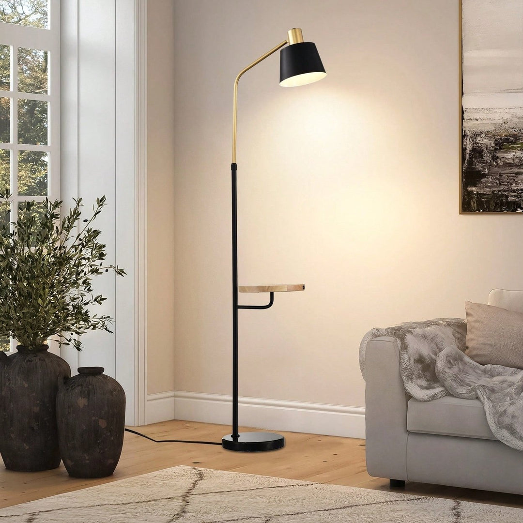 Modern Floor Lamp With Wood Bedside Nightstand End Table And Built-In USB Charging Port For Living Room Sofas Bedroom Image 3