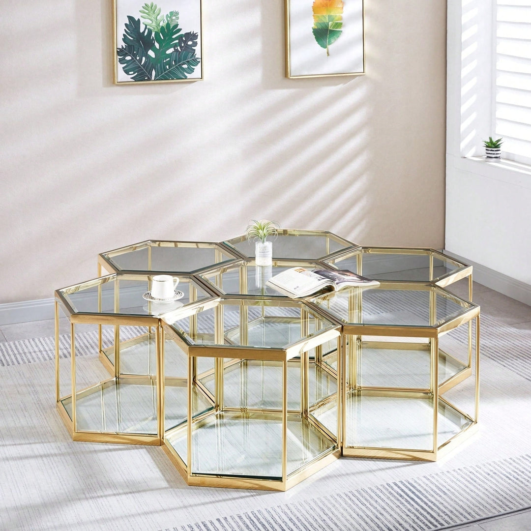 Modern Glass Coffee Table With Gold Finish Stainless Steel Frame Image 5