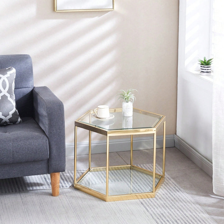 Modern Glass Coffee Table With Gold Finish Stainless Steel Frame Image 6