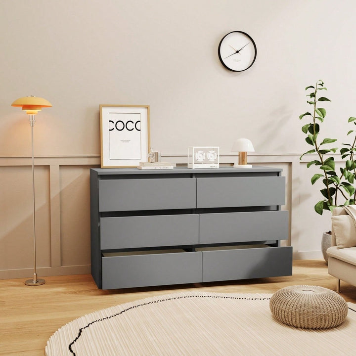 Modern Grey 6-Drawer Dresser Chest with Easy-Pull Handles for Spacious Bedroom Storage Image 6