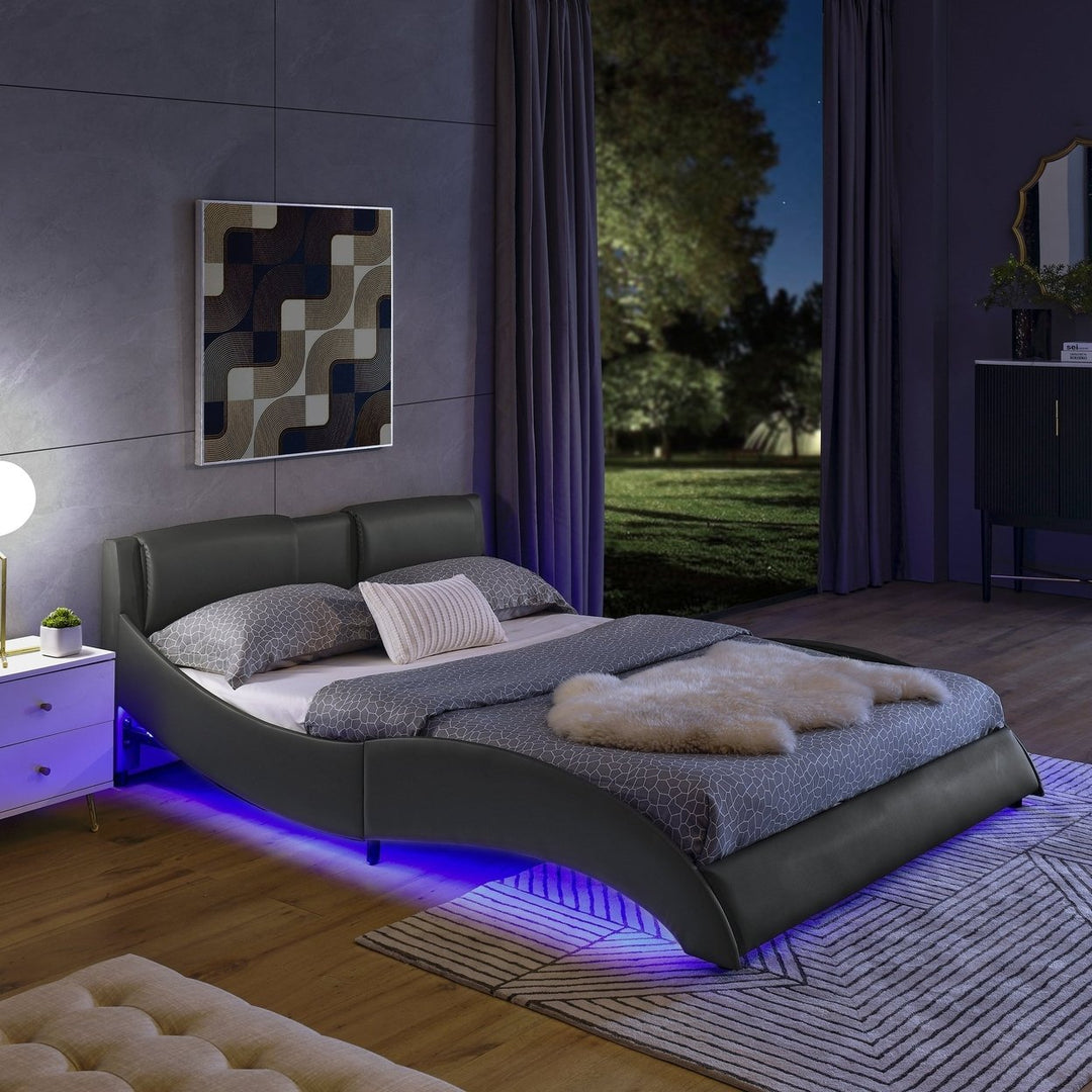 Modern White Faux Leather Platform Bed Frame with RGB LED Lights and Wave Headboard Design Image 1