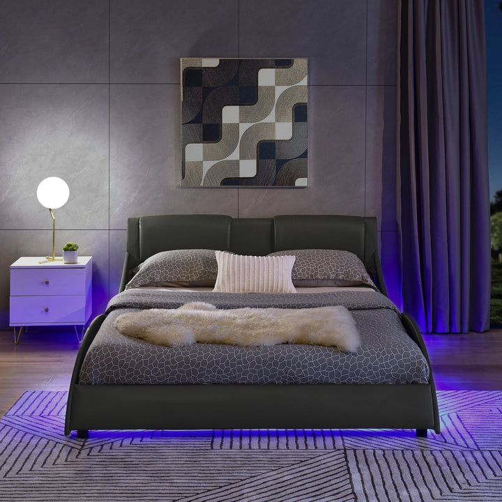 Modern Grey Queen Bed Frame with Faux Leather Upholstery RGB LED Lights Wave Headboard and Wood Slats Support Image 2