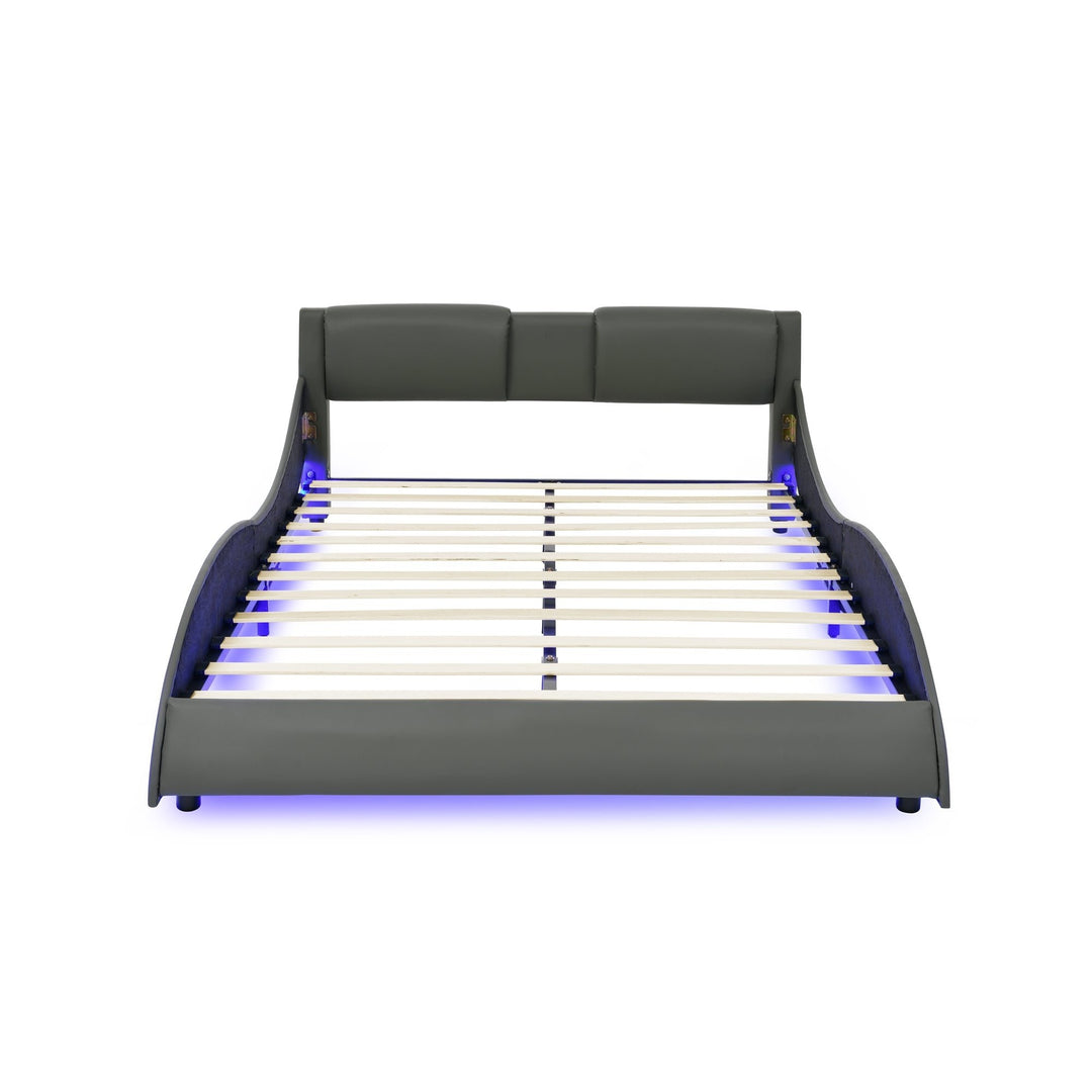 Modern Grey Queen Bed Frame with Faux Leather Upholstery RGB LED Lights Wave Headboard and Wood Slats Support Image 3