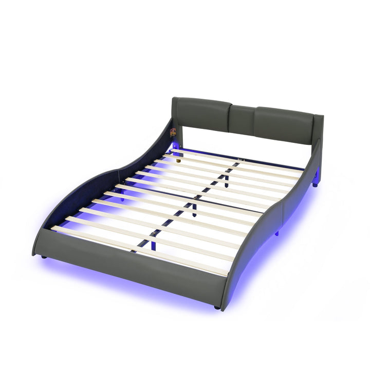 Modern Grey Queen Bed Frame with Faux Leather Upholstery RGB LED Lights Wave Headboard and Wood Slats Support Image 4