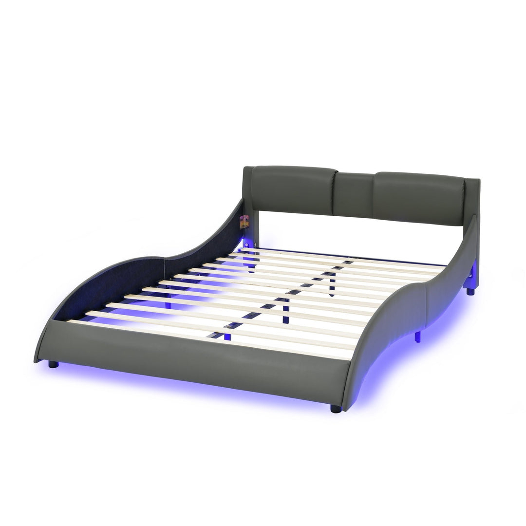 Modern Grey Queen Bed Frame with Faux Leather Upholstery RGB LED Lights Wave Headboard and Wood Slats Support Image 5