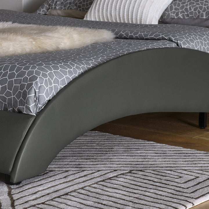 Modern Grey Queen Bed Frame with Faux Leather Upholstery RGB LED Lights Wave Headboard and Wood Slats Support Image 8