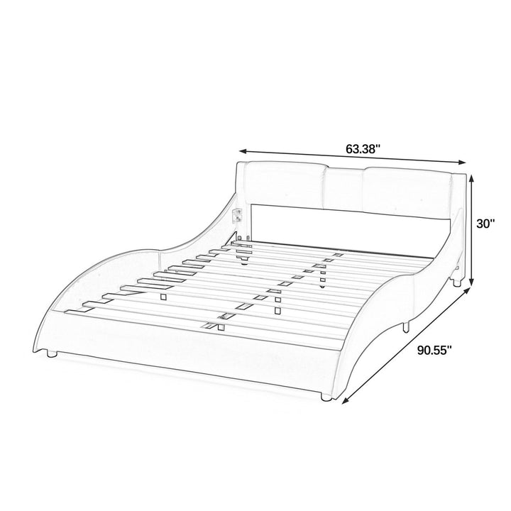 Modern Grey Queen Bed Frame with Faux Leather Upholstery RGB LED Lights Wave Headboard and Wood Slats Support Image 10