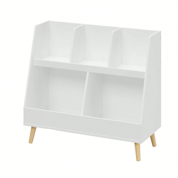 Modern Kids Bookshelf with 5 Cubbies and Legs for Nursery Bedroom Playroom Classroom Storage Organizer Image 1