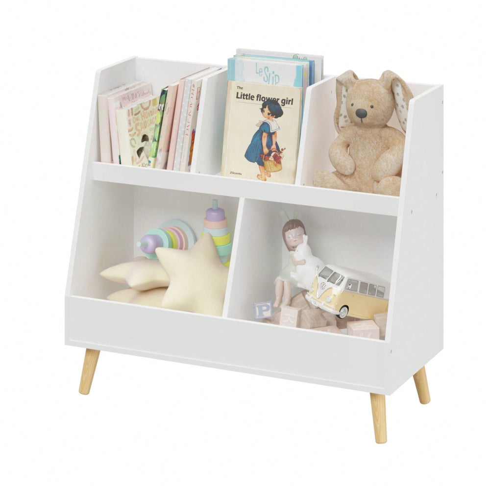 Modern Kids Bookshelf with 5 Cubbies and Legs for Nursery Bedroom Playroom Classroom Storage Organizer Image 2