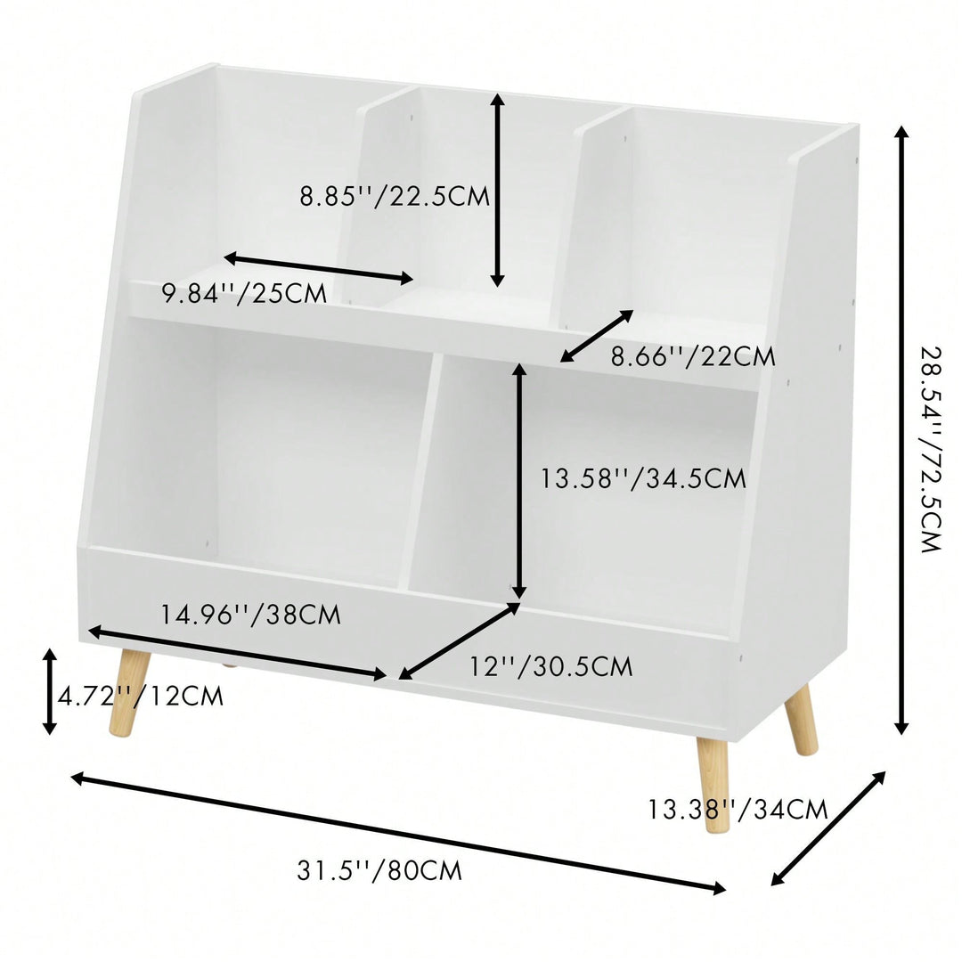Modern Kids Bookshelf with 5 Cubbies and Legs for Nursery Bedroom Playroom Classroom Storage Organizer Image 4